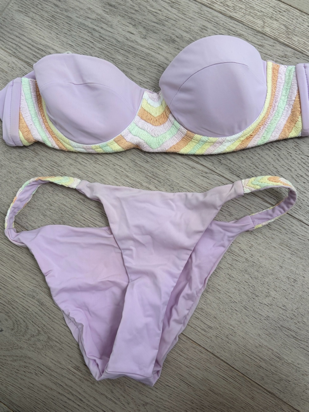 Mara Hoffman Pastel Lilac Bandeau Bikini with Striped Multi-Color Trim